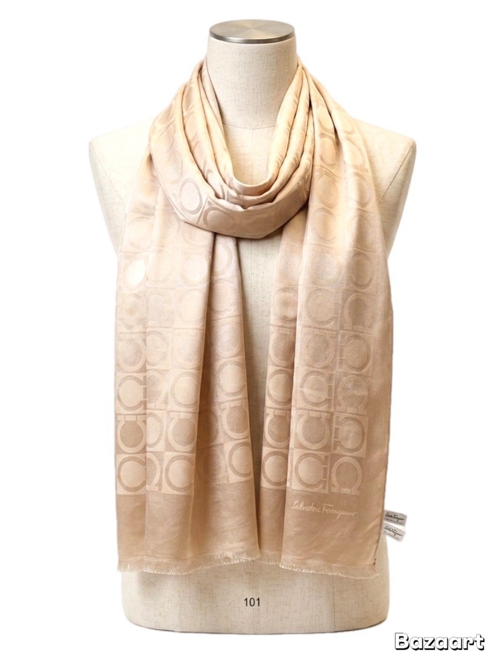 Salvatore Ferragamo Wool Silk Logo Monogram Scarf Beige Taupe